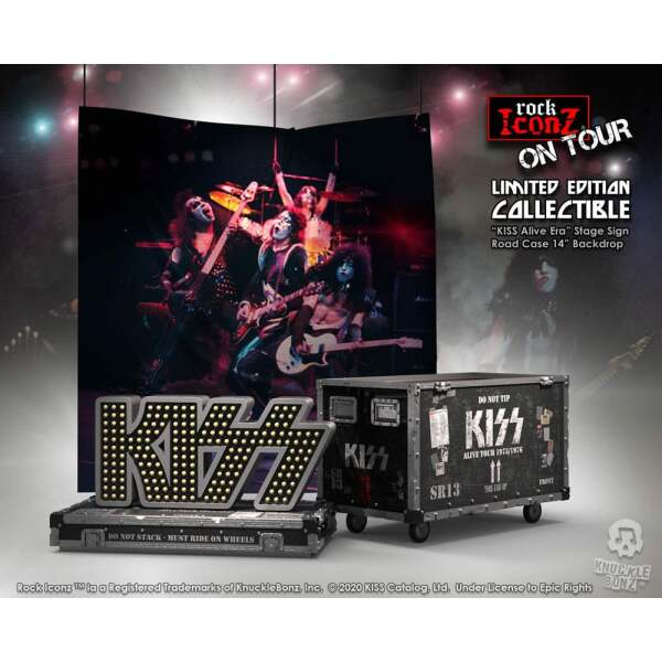 Kiss Estatua Rock Ikonz On Tour Road Case & Telón de fondo del escenario Alive! Tour