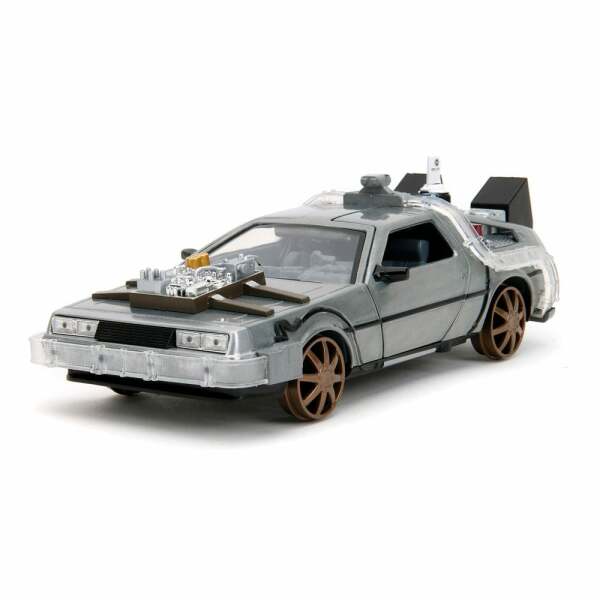 Regreso al Futuro III Réplica Vehículo Diecast Model Hollywood Rides 1/24 DeLorean Time Machine Railroad Wheels